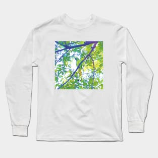 Parrot on the tree, bird, tree, branch, green, nature, forest, animals, painting, birds, digital, blue, Long Sleeve T-Shirt